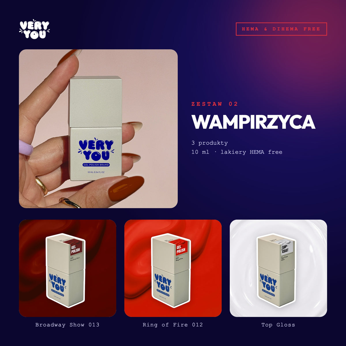 Zestaw Wampirzyca – Bordowe i Czerwone Paznokcie: 2 Lakiery + Top Gloss